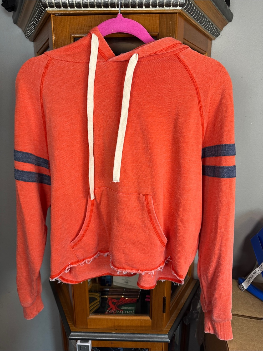 White Crow Orange Zip-Up Hooded Sweater with Navy Sleeve Stripes